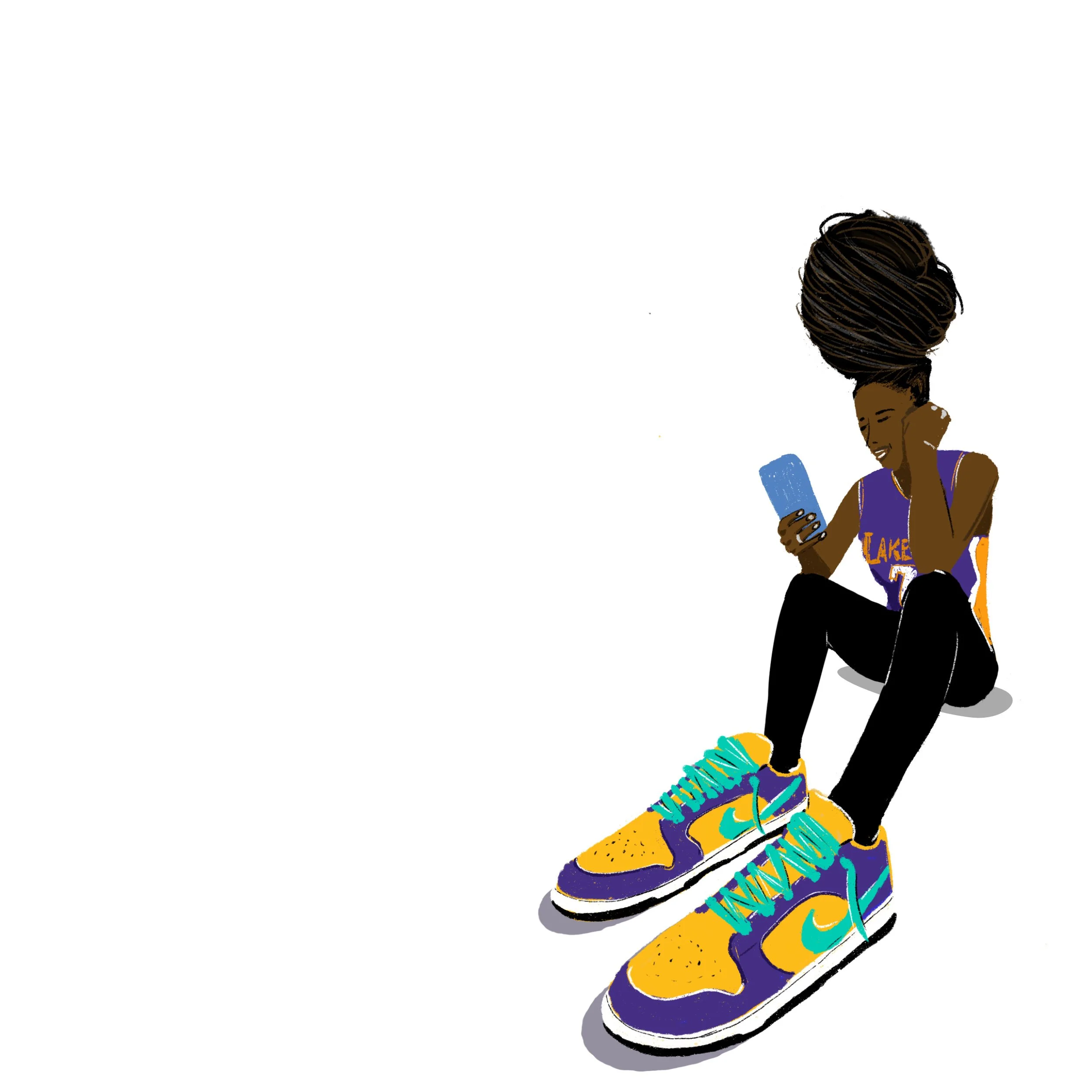 Illustration of a young woman with large braided hair sitting cross-legged, wearing a purple and yellow sports jersey, black pants, and oversized colorful sneakers, looking at her phone.