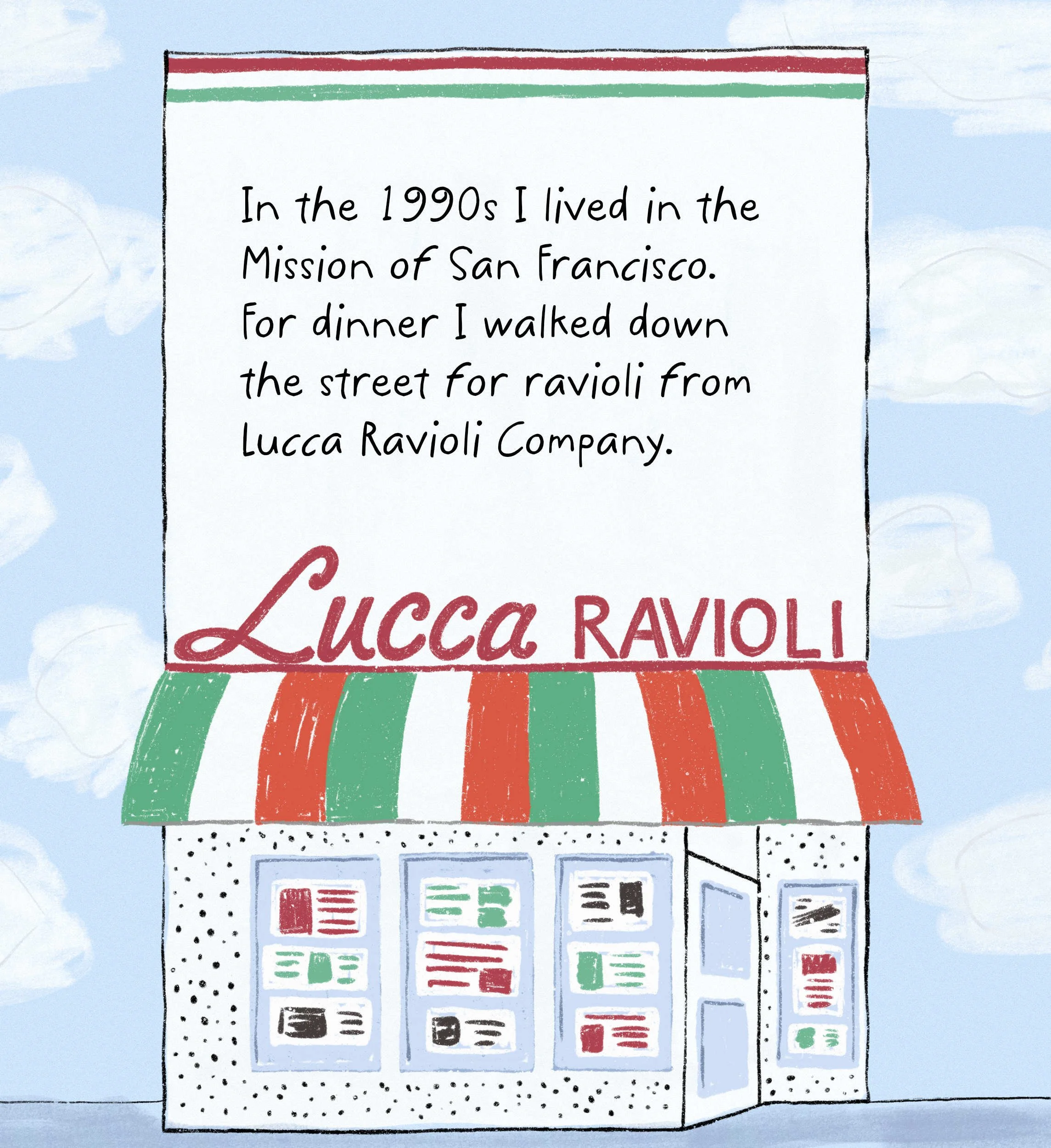 Hand-drawn illustration of a Lucca Ravioli storefront with colorful striped awning, window displays, and a sign recounting a personal story about living in San Francisco in the 1990s.