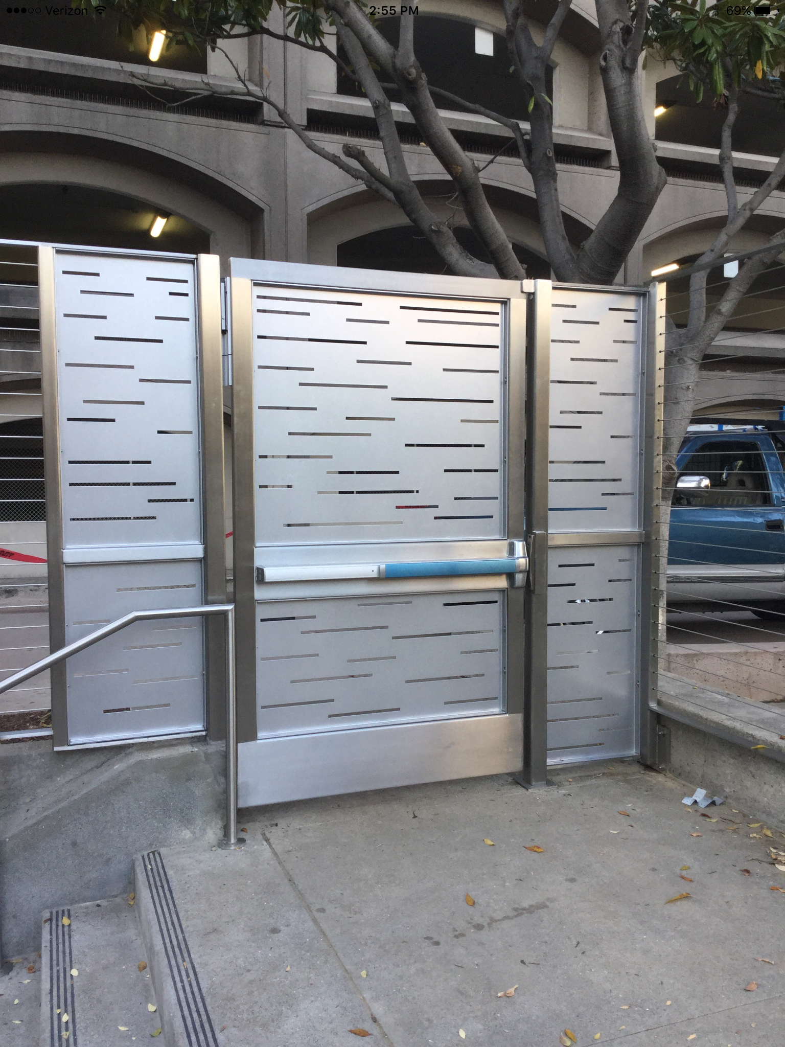 Stainless Steel Fence and Gates with Panic Hardware and Aluminum Laser cut infill panels