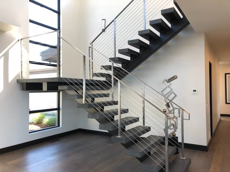 Steel Stairs Wood Treads with Stainless Steel Guard Rail with Stainless Steel Cable Infill and Stainless Steel Hand Rail