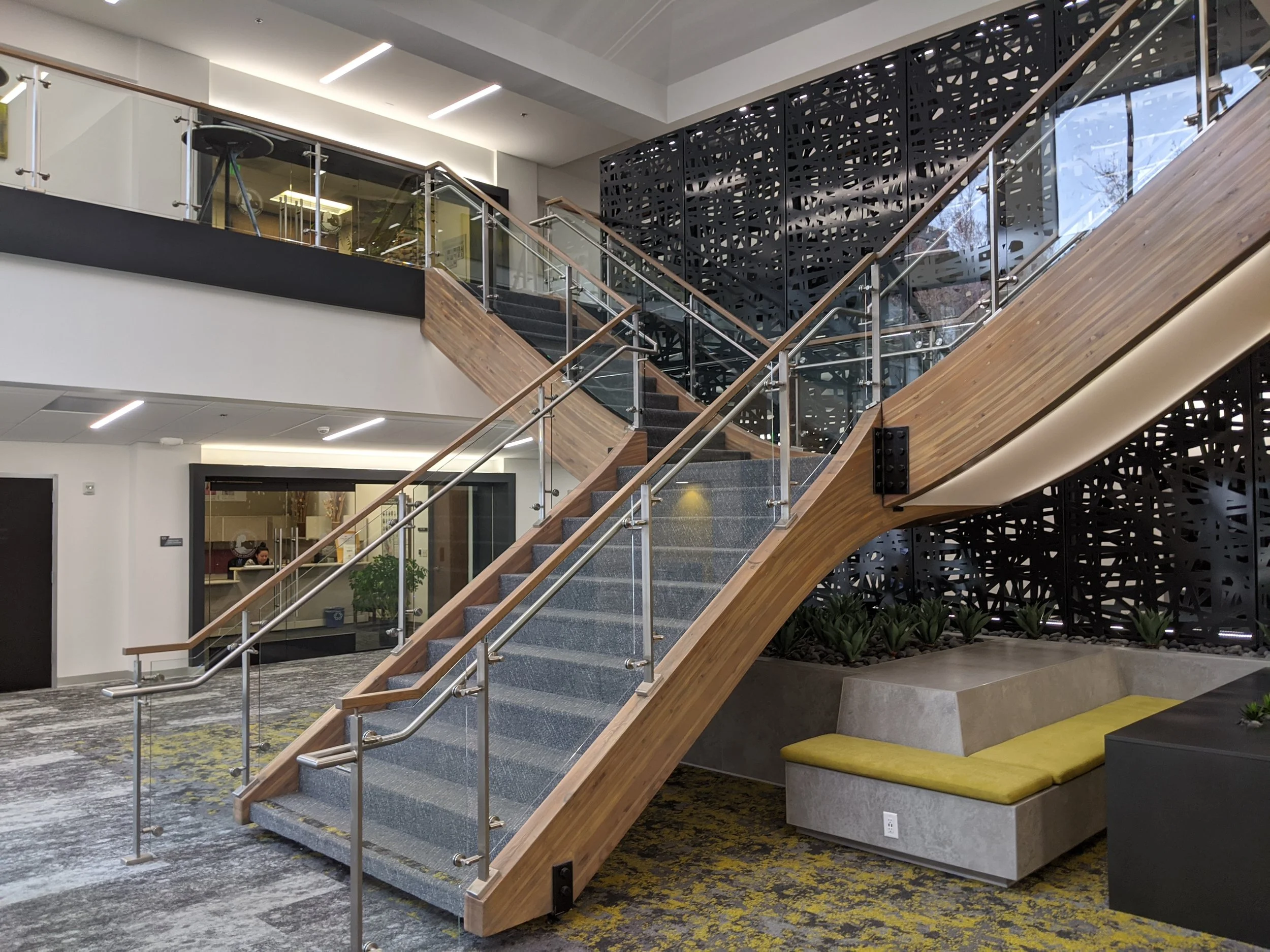 Glass Rail with Stainless Steel Handrail and Wood Cap Rail