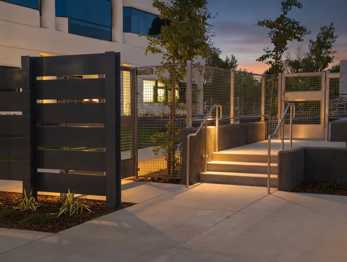 Painted Steel Fence and Gate with Von Duprin Stainless Steel Panic Hardware and Stainless steel Hand Rails
