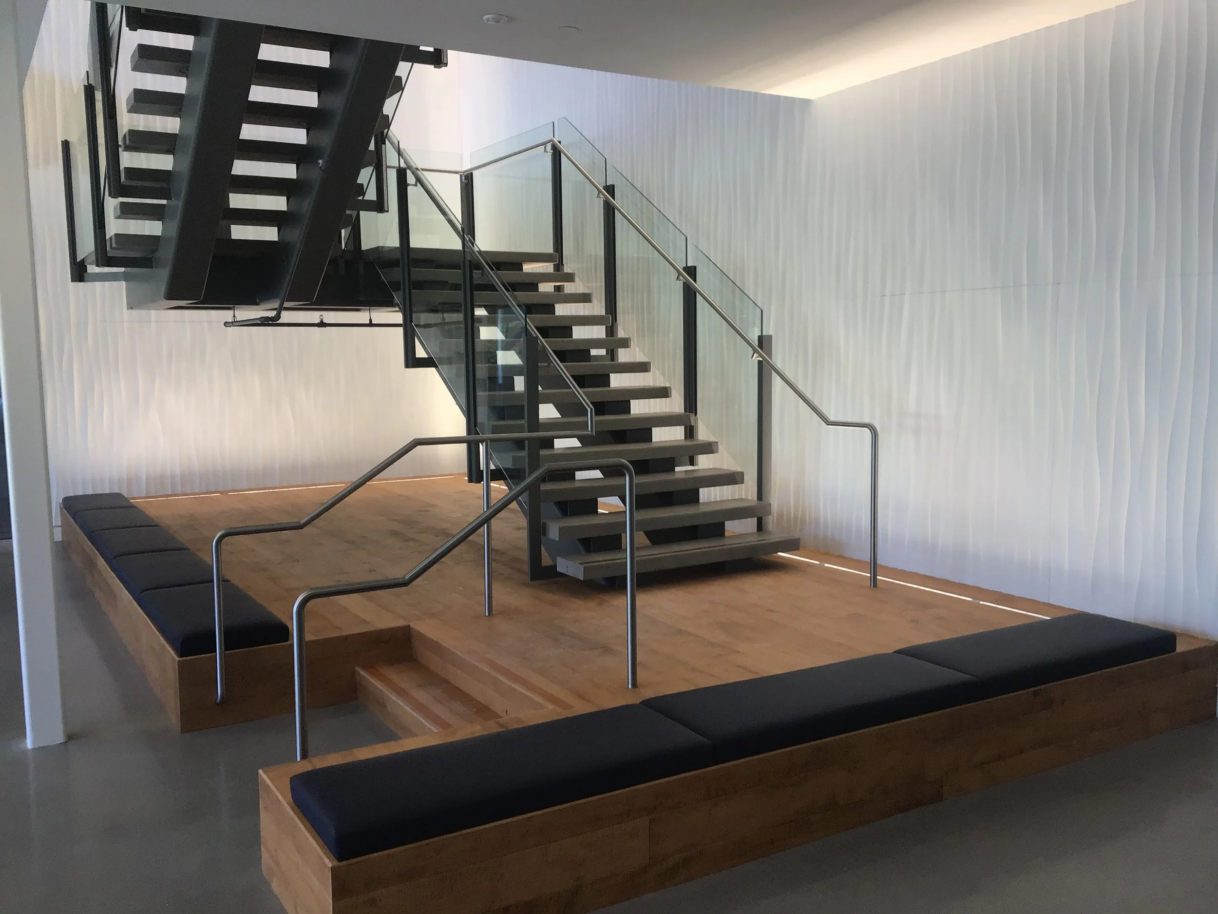 Painted Steel Commercial Guard Rail at Stairs with Glass Infill