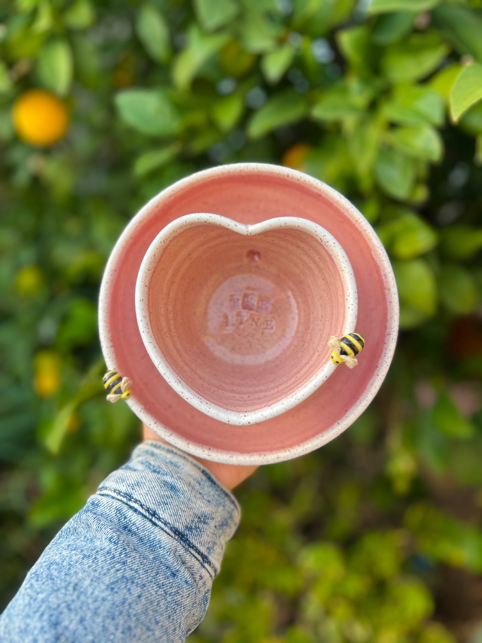 Pink J (heart, bee mine, 2 bees, white edges)