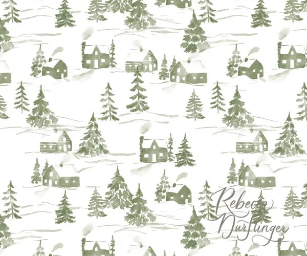 Pattern of small green houses and evergreen trees on snow-covered landscape.