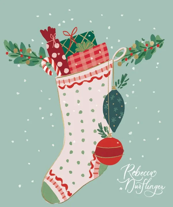 A festive Christmas stocking filled with wrapped gifts, a candy cane, and decorated with holly and ornaments, against a snowy background.