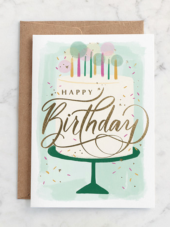 A birthday greeting card featuring a cake with candles and the text "Happy Birthday" on the front, with decorated balloons and confetti illustrations.