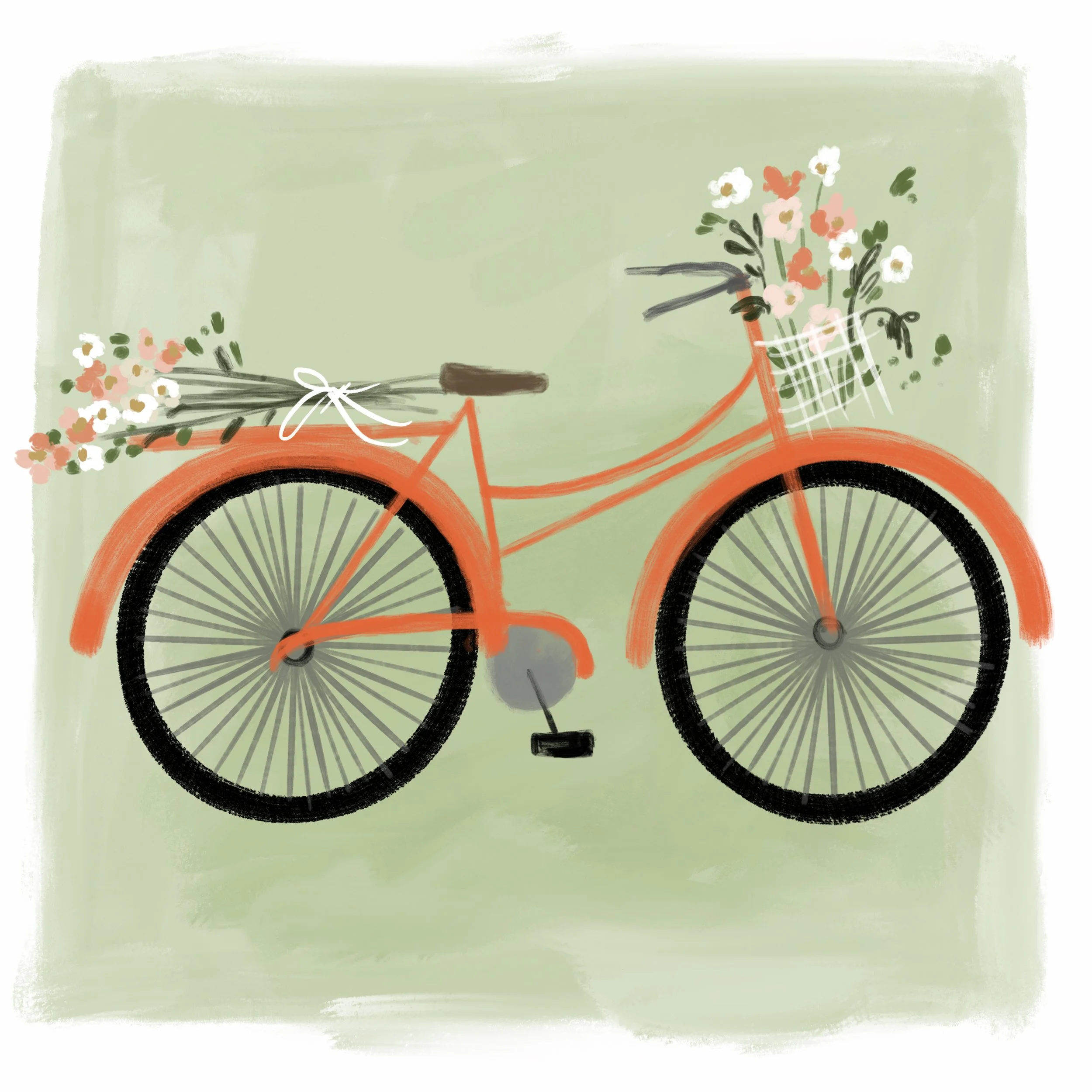 Illustration of an orange bicycle with two baskets of flowers, set against a light green background.