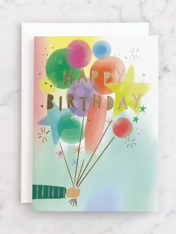 Colorful birthday card with balloons and 'Happy Birthday' message on a white background.