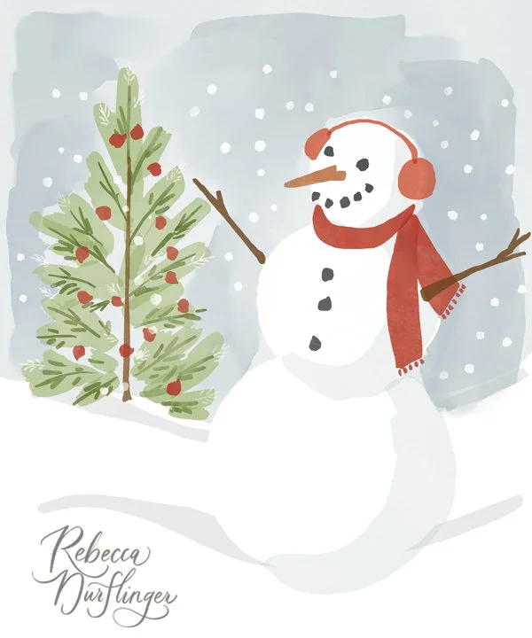 A snowman with a carrot nose, coal eyes, mouth, and buttons, wearing red earmuffs and a red scarf, standing next to a decorated Christmas tree outside in a snowy scene.