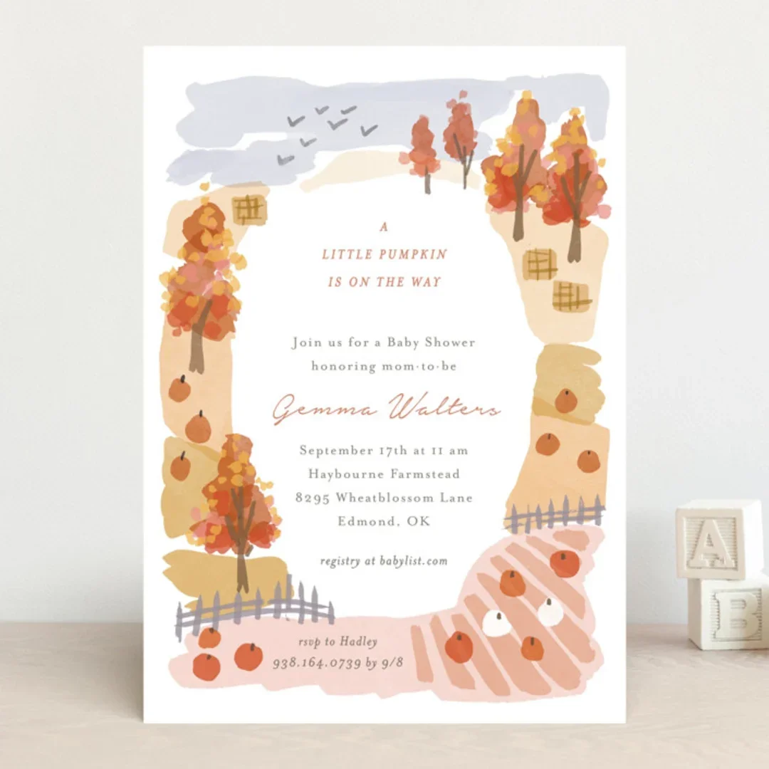 Baby shower invitation with fall-themed watercolor illustrations of trees, pumpkins, and a fence, inviting to honor mom-to-be Gemma Walters on September 17th at Haybourne Farmstead in Edmond, Oklahoma.