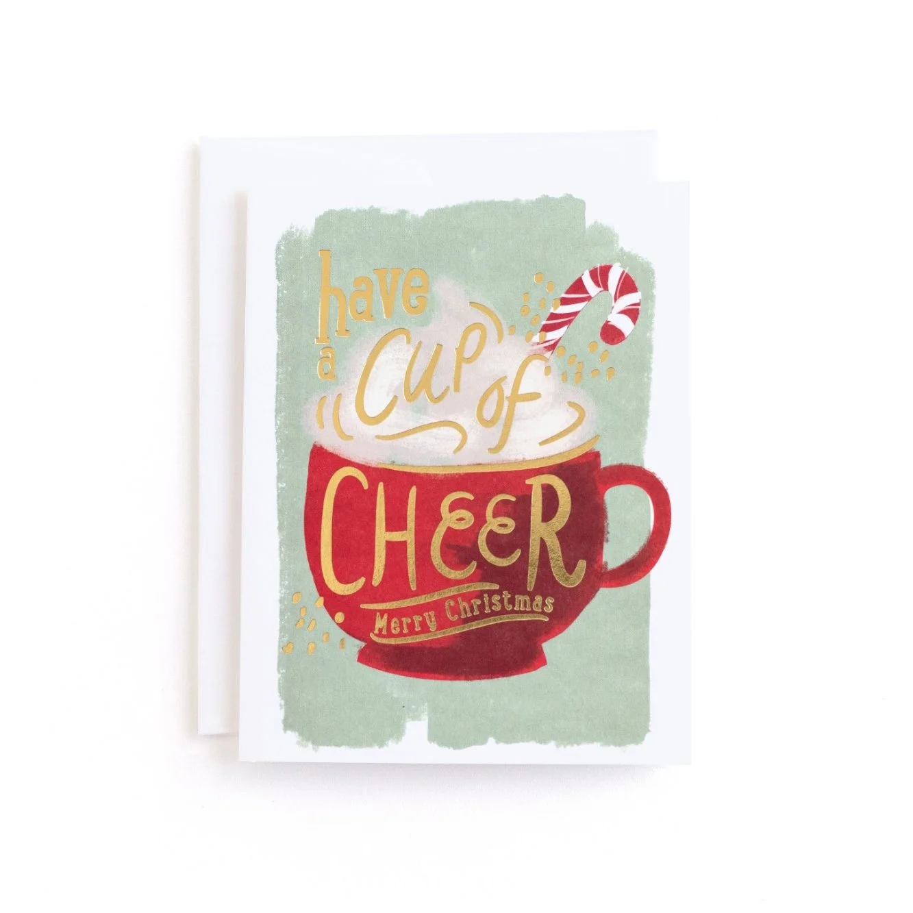Christmas greeting card with a red mug, hot chocolate, a candy cane, and the message 'Have a cup of cheer, Merry Christmas' in stylized text.