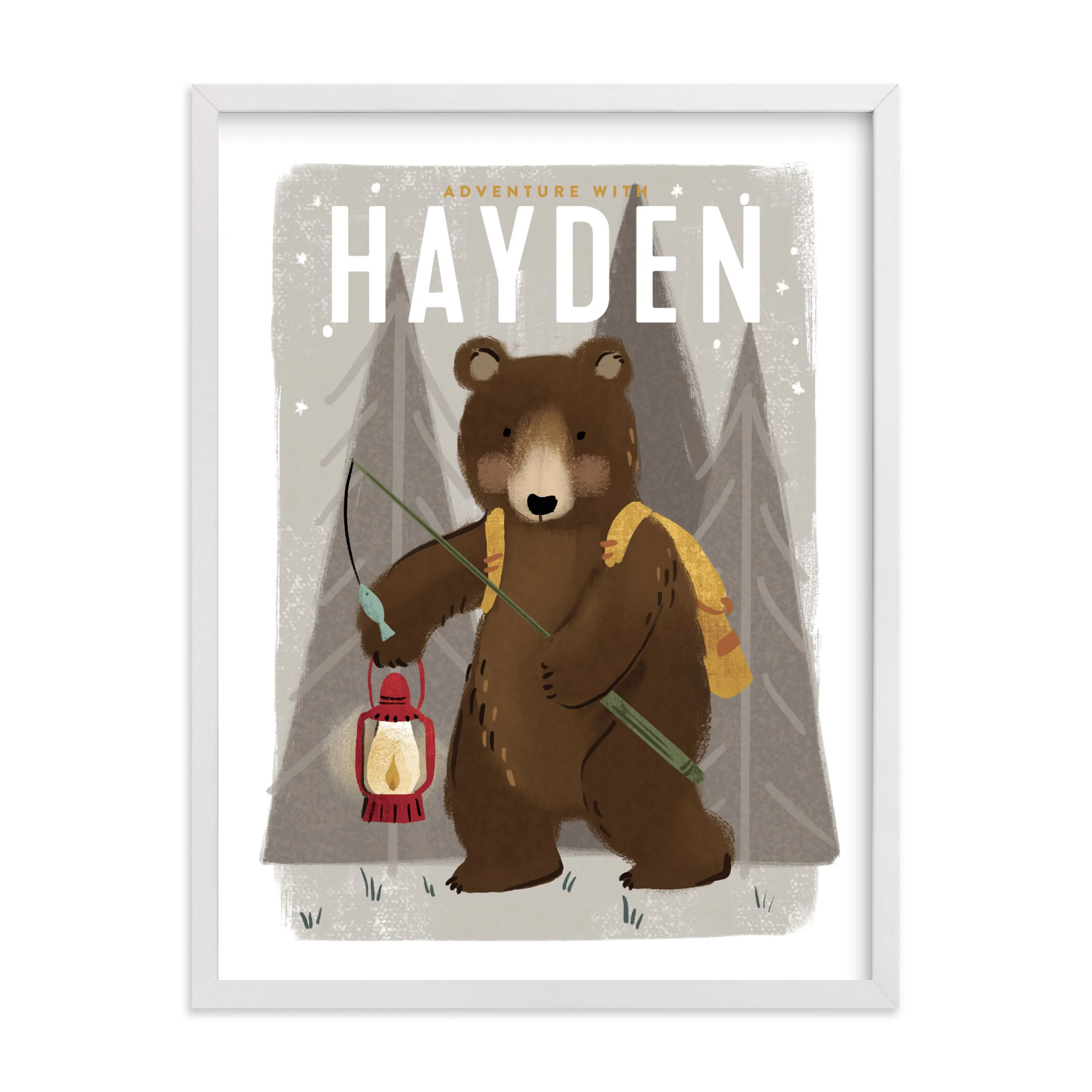 Illustration of a bear wearing a yellow backpack, holding a fishing rod with a lantern hanging from it, set against a background of trees with the text "Adventure with Hayden."