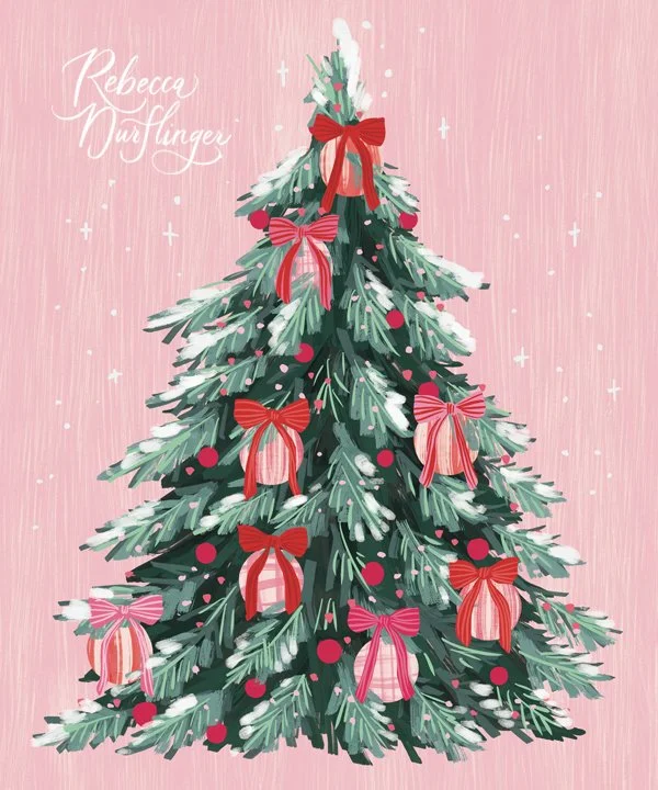 A decorated Christmas tree with red and pink bows and red ornaments on a pink background.