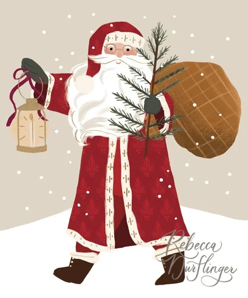 Santa Claus in a red coat and black boots carrying a lantern in one hand and a small pine tree in the other, with a large sack over his shoulder, snow falling.