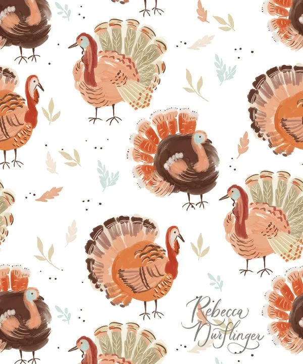 Pattern of hand-painted style turkeys and leaves in earthy tones on a white background.