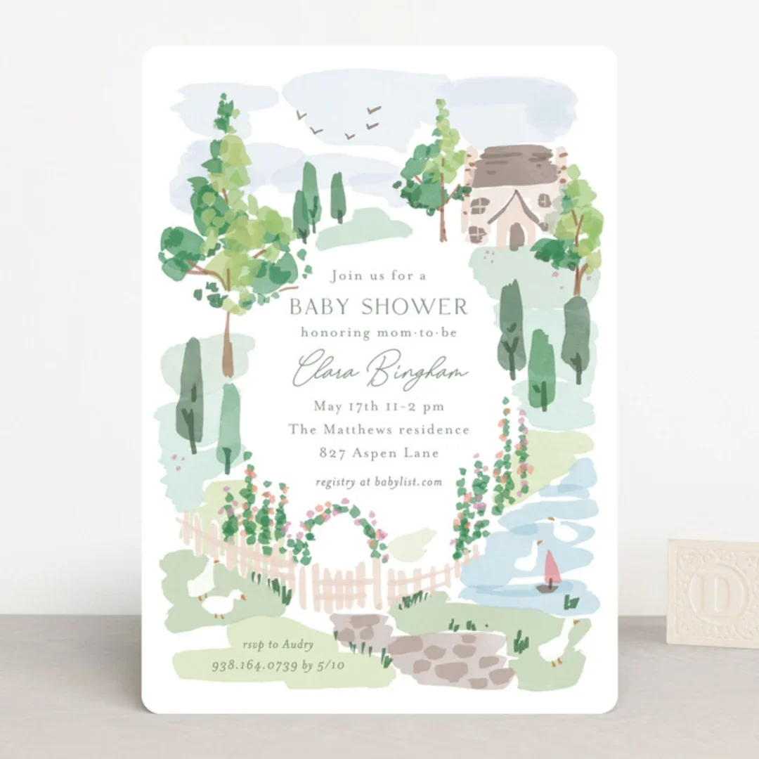 Watercolor garden scene baby shower invitation with trees, a house, a pond with swans, and a pink sailboat.