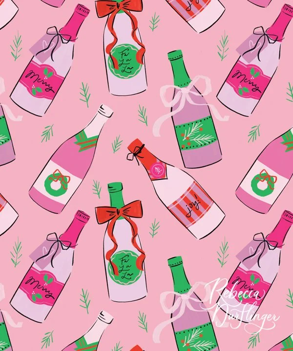 Pattern of illustrated holiday-themed bottles of champagne on a pink background, decorated with ribbons and sprigs of holly.
