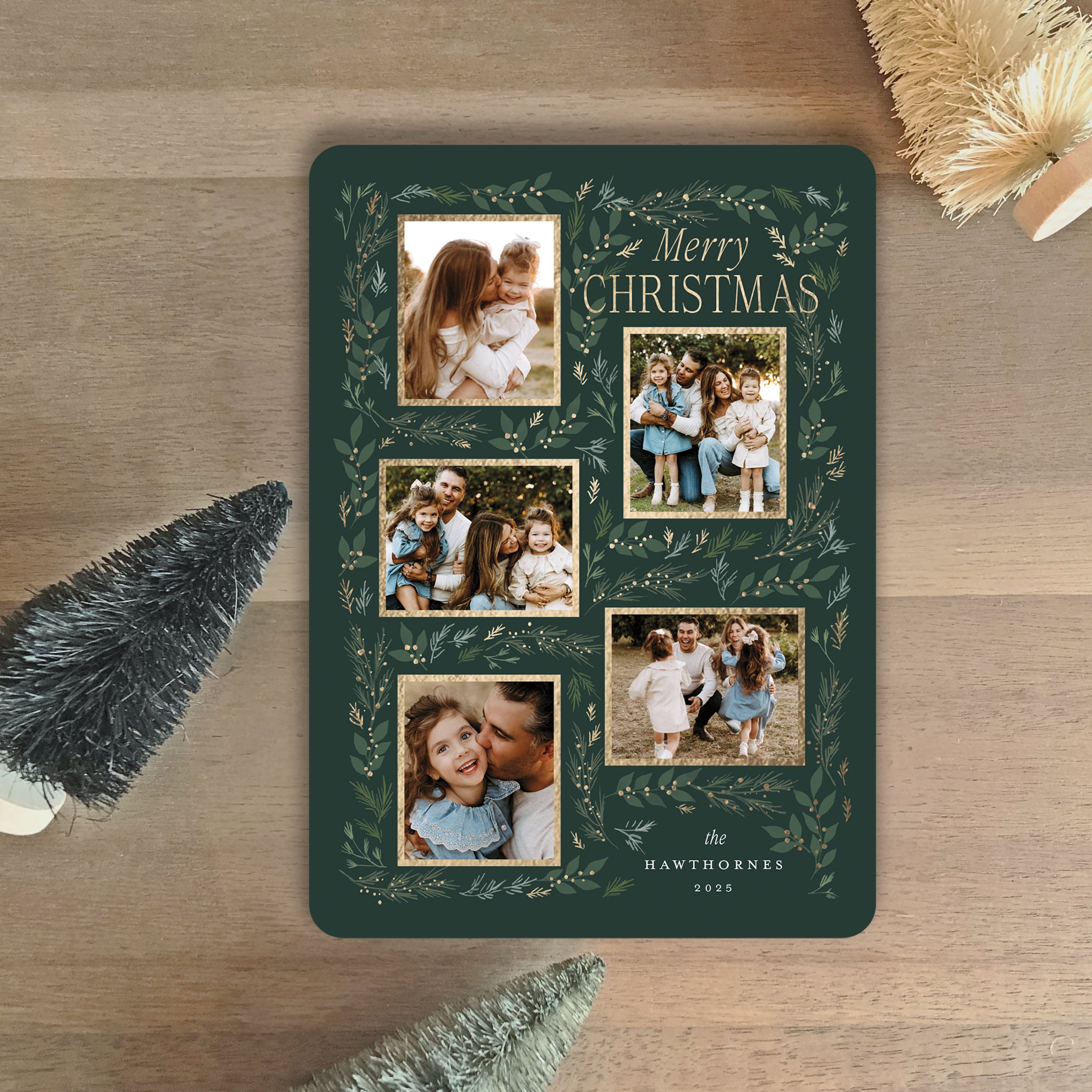 A Christmas card with five family photos and festive botanical illustrations, reading "Merry Christmas" and "the Hawthornes 2025."