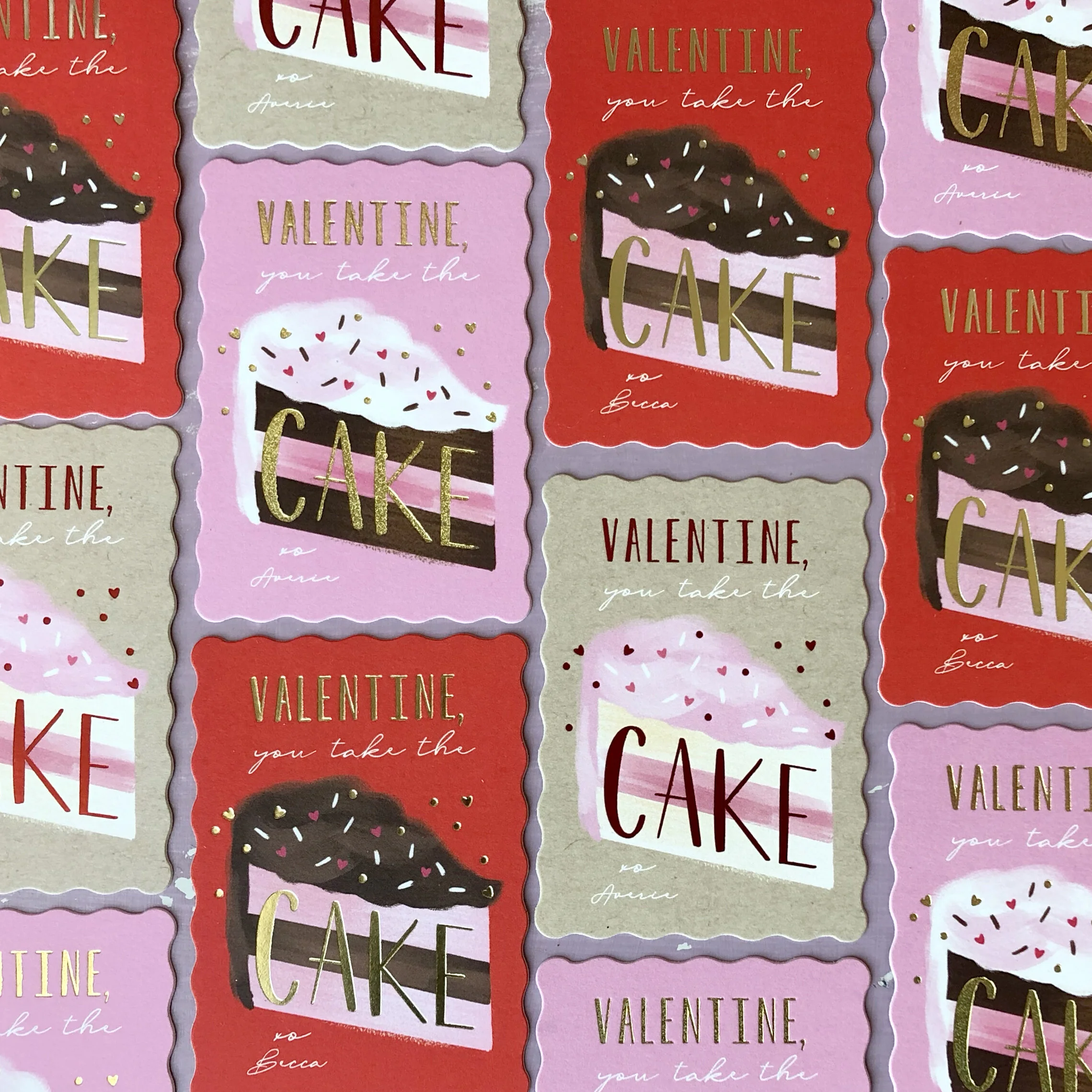 Valentine's Day themed stickers featuring cake illustrations with sprinkles, text reading "VALENTINE, you take the CAKE".