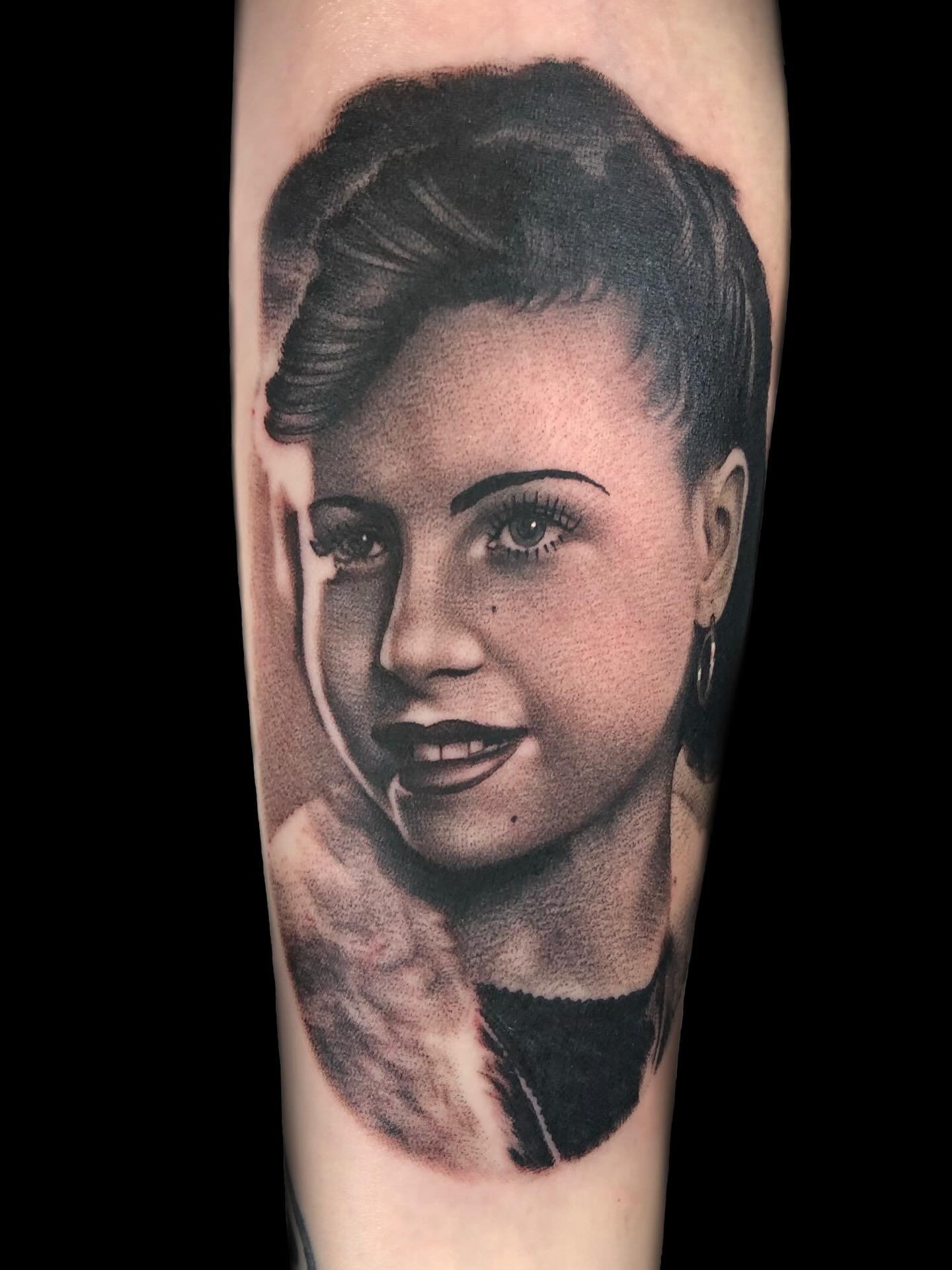 One of my favorite portraits from some years back. My friend&rsquo;s grandmother in her heyday. On @chris_cribby 
#portraittattoo #blackandgray #blackandgrey #blackandgreytattoos #portrait