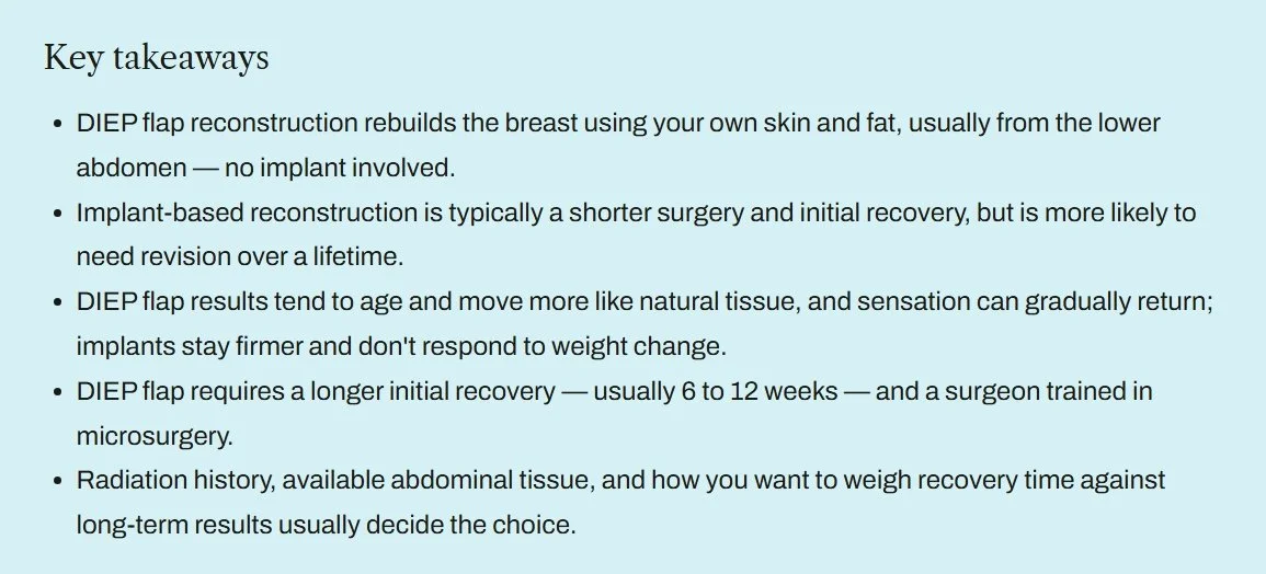 highlights comparing diep flap vs implant based breast reconstruction