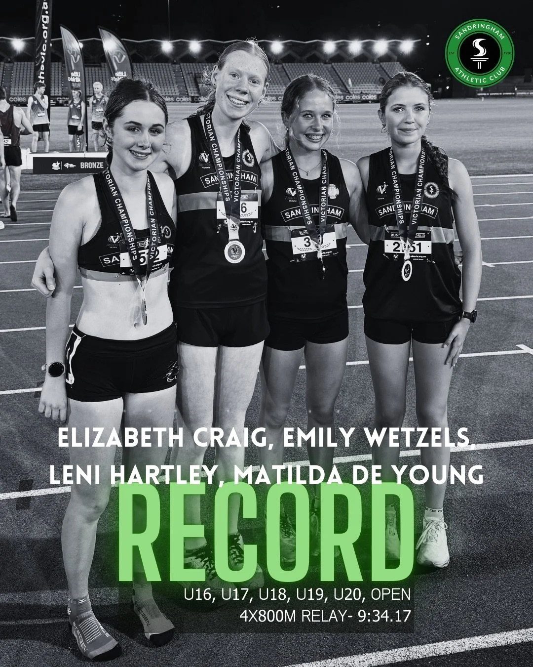 🌟RECORD BREAKERS🌟

Elizabeth Craig, Emily Wetzels, Leni Hartley, Matilda de Young - all aged between 14 and 15 years old - ran the race of their lives on Friday night in the U20 4x800m State Championship!

There were PB splits and a lot of lactic, 