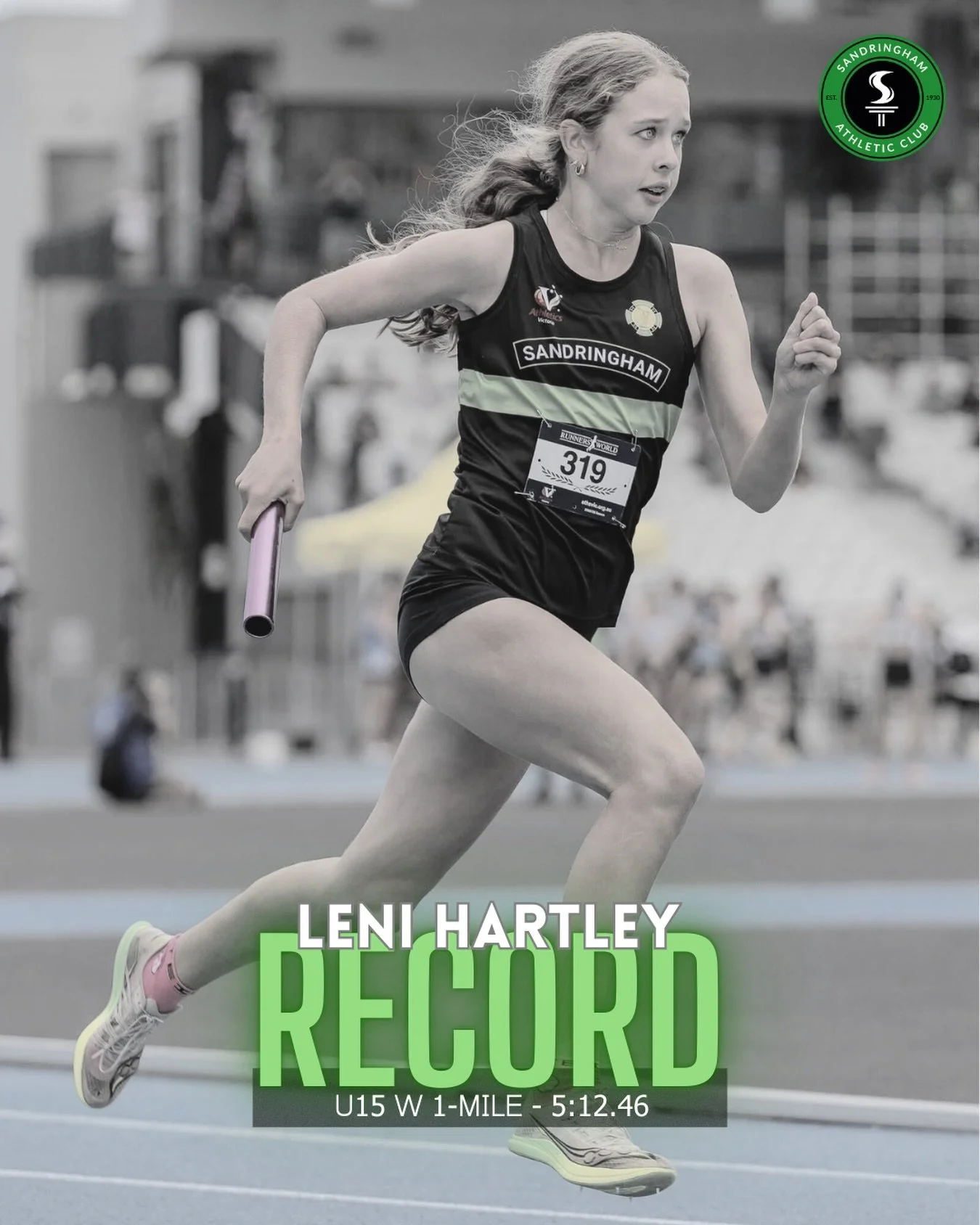 Congratulations Leni Hartley on breaking her own U15 1-mile club record by over 4 seconds with a terrific 5:12.46 at Vic Milers Meet #4 on Saturday 👏👏

Leni&rsquo;s previous PB/club record was 5:16.53 which remains the record for the U14 age group 