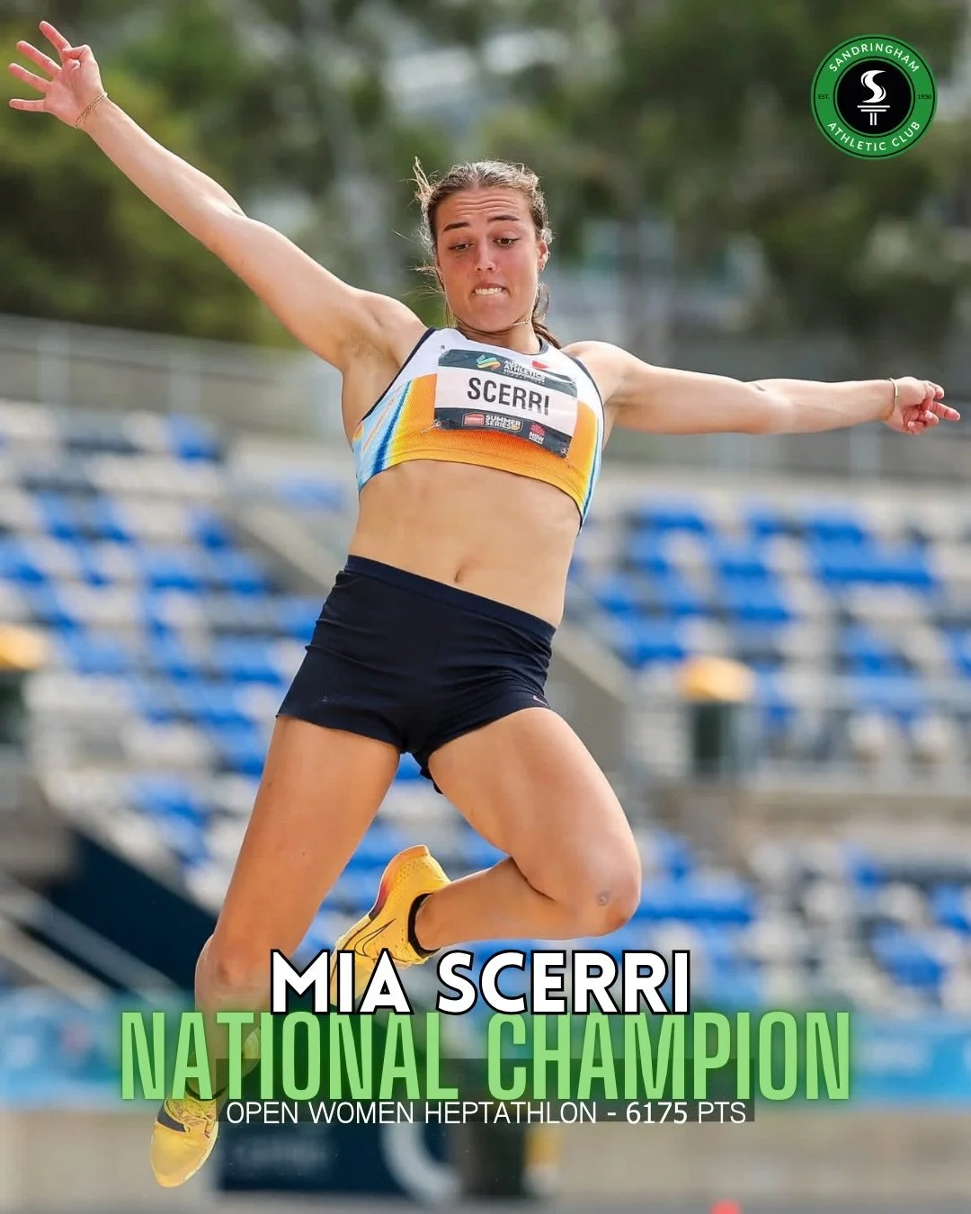 AUSTRALIAN CHAMPION = MIA SCERRI 👑

At 21-years old Mia has claimed the Open Heptathlon title! With 6 PBs across 7 events, it all came together perfectly for a huge heptathlon PB of 6175 points 🌟 moving her to #7 on the Australian All-time list! Ju