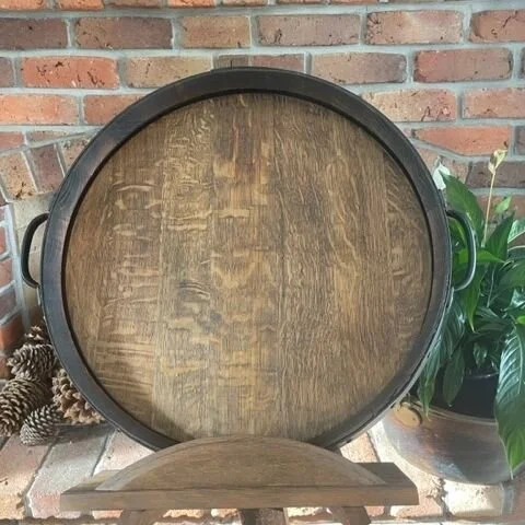 Wine Barrel Head Platter - 
Perfect for entertaining, arrange your appetizers on one of these beauties.

A quality handcrafted platter fitted with a Lazy Susan underneath and pull handles for easy handling.

You'll see in the photos we have two optio