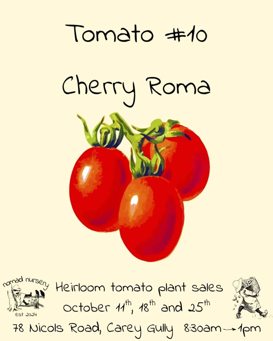 We need a round of applause for us doing this countdown consecutively for 10 days. 

#10 in the Nomad Nursery October tomato party, the cherry Roma.

The easiest way to explain this tomato is if a Roma tomato and a cherry tomato had a baby. Nice deep