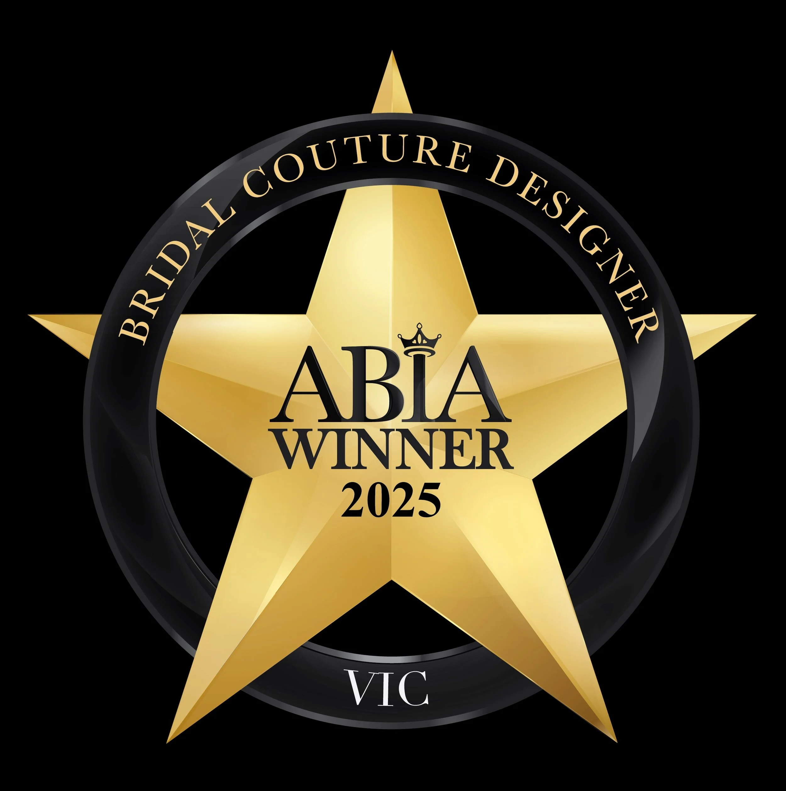 A badge with a golden star, a black circle border, and the words 'BRIDAL COUTURE DESIGNER' and 'WINNER 2025' written on it.