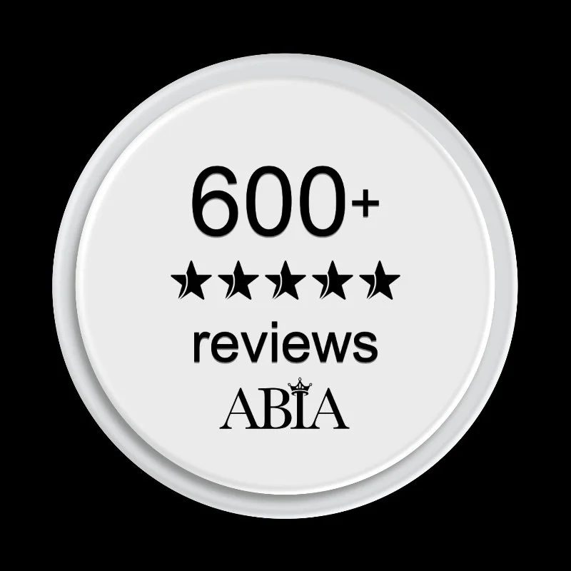 Badge indicating over 600 reviews with five stars, from ABIA.
