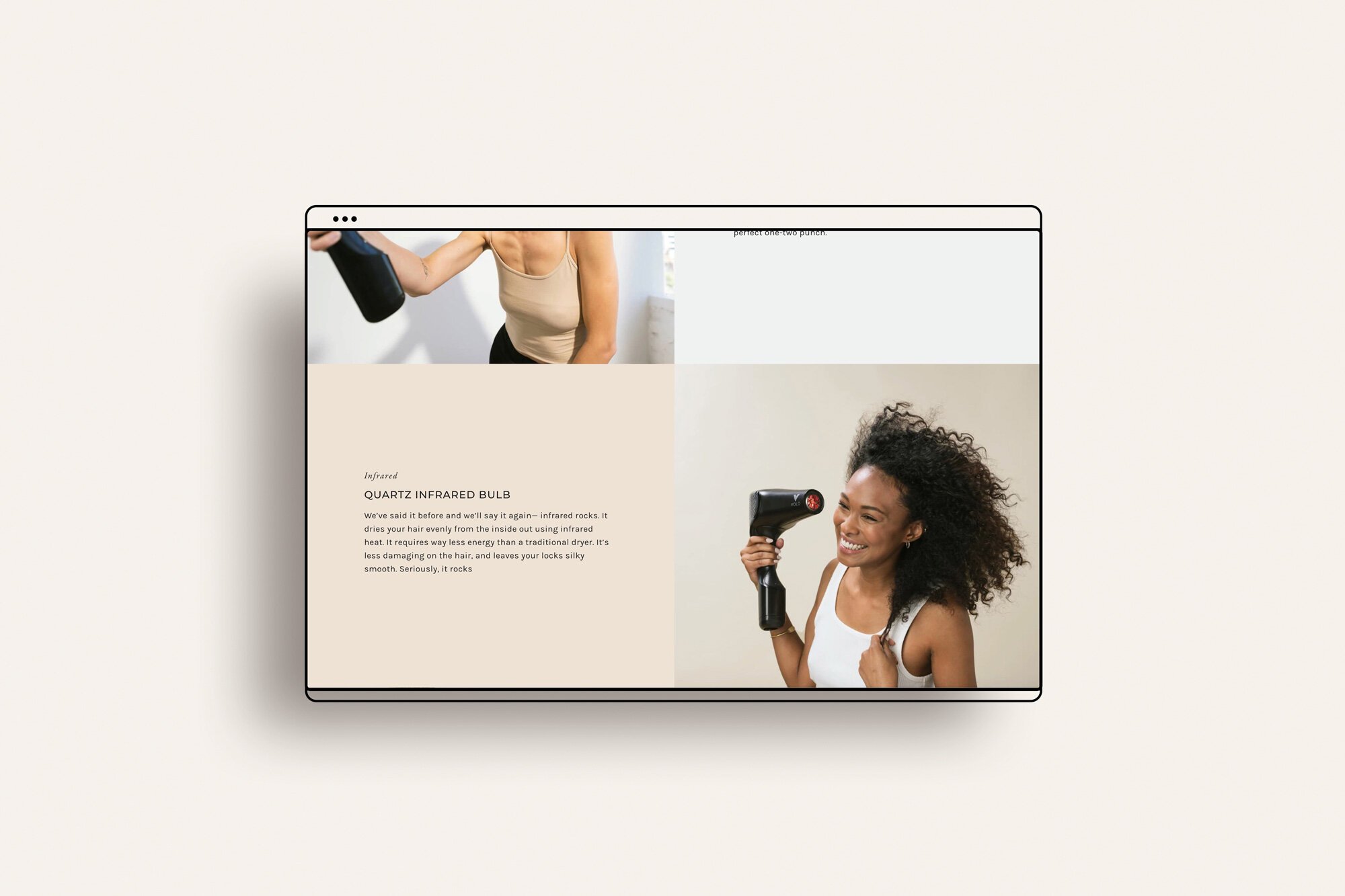 The dryer and microfiber towel are their most popular items. For these product pages, we custom coded additional sections to showcase more information about each, including beautiful split sections with images and text.