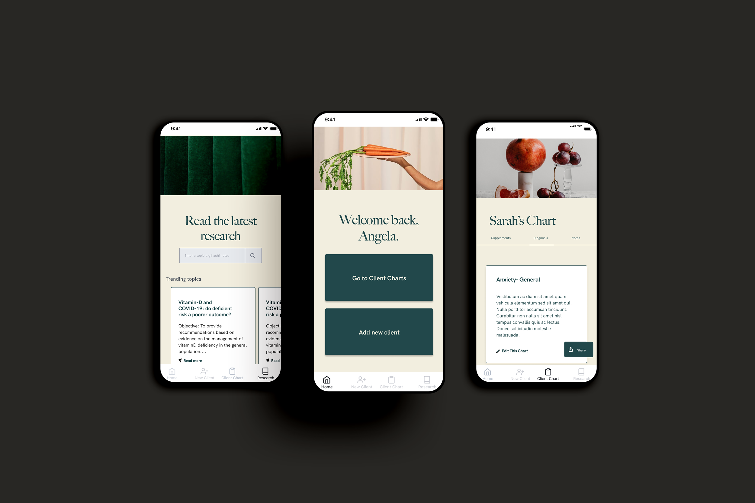 The home page featured two main call to actions. Add a client and go to client charts. These would be the most frequently used features, so displaying them prominently was important.