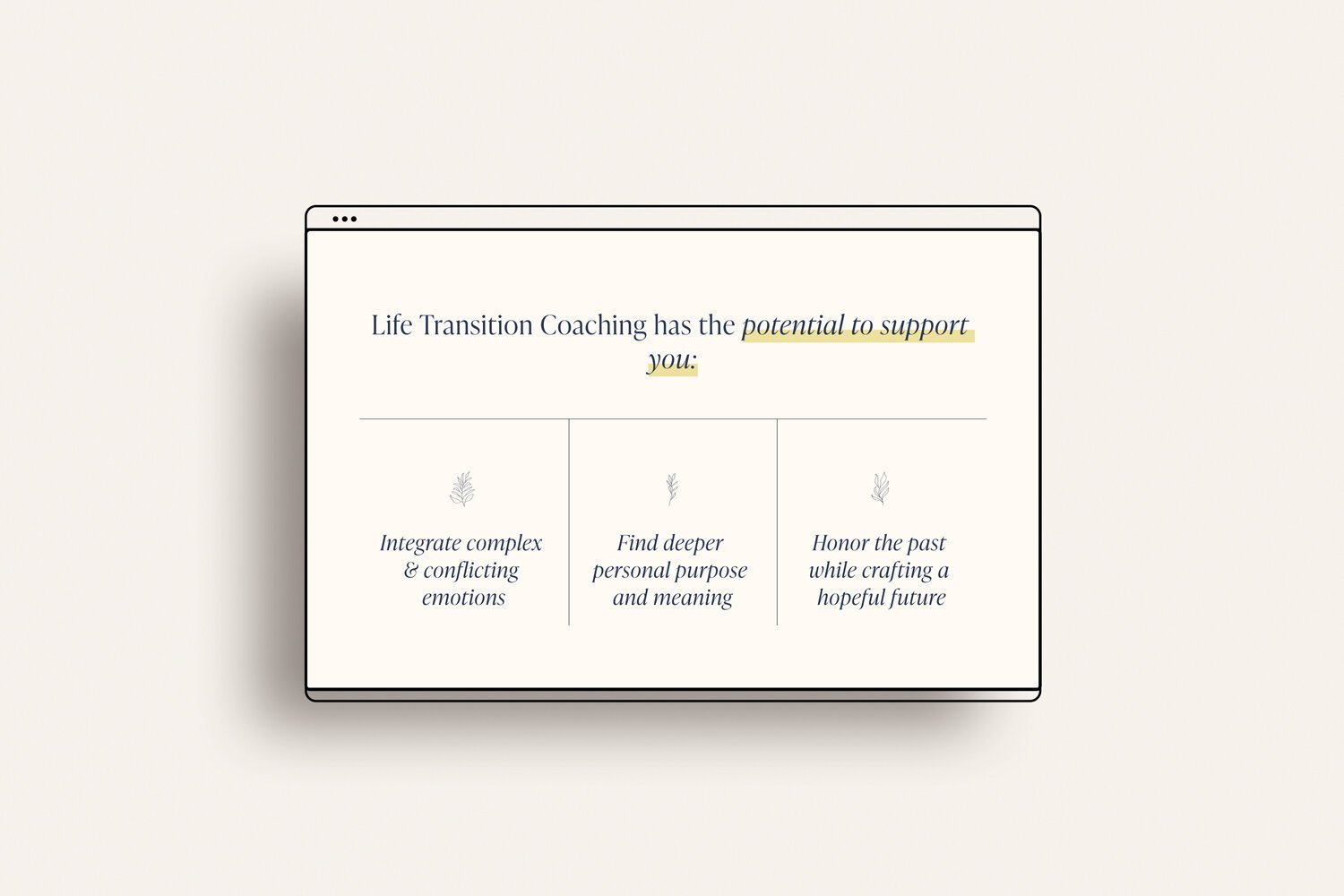 Quick USP's with icons help give a visual way of talking about the value and benefits of life transition coaching.