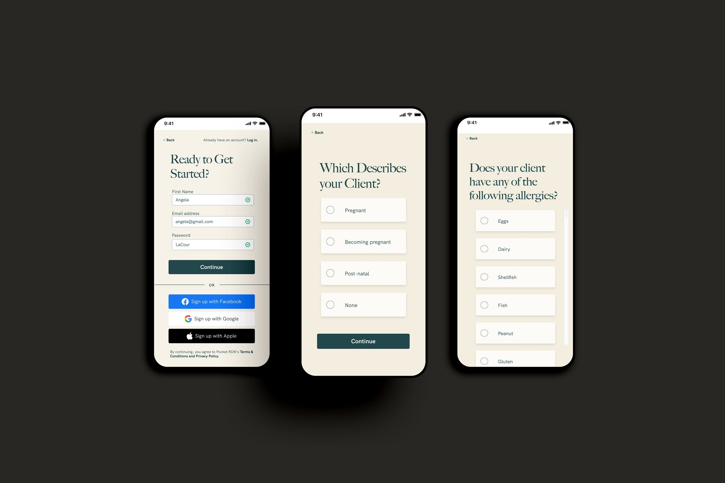 We added simple radio buttons for each selection at the start, including gender, allergies, diet, and pregnancy status. However, once we got into MD diagnosis and symptoms, search filter was needed as there were several more options available.