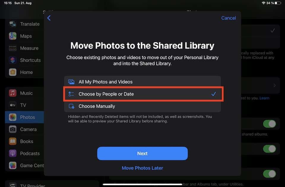  Select which photos to add to the Shared Photo Library 