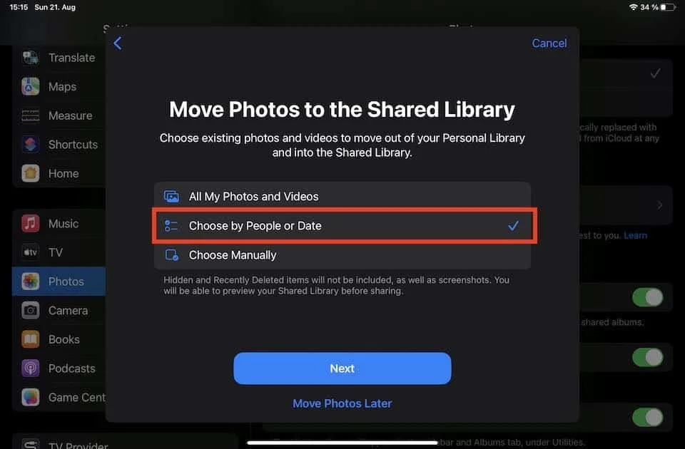Select which photos to add to the Shared Photo Library