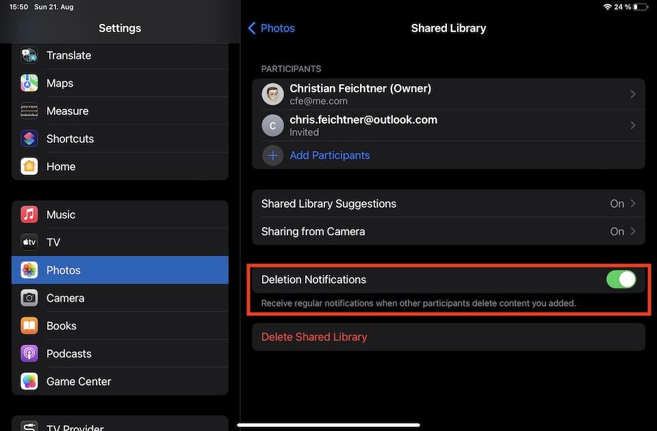 Enabled iOS 16 Shared Library deletion notification