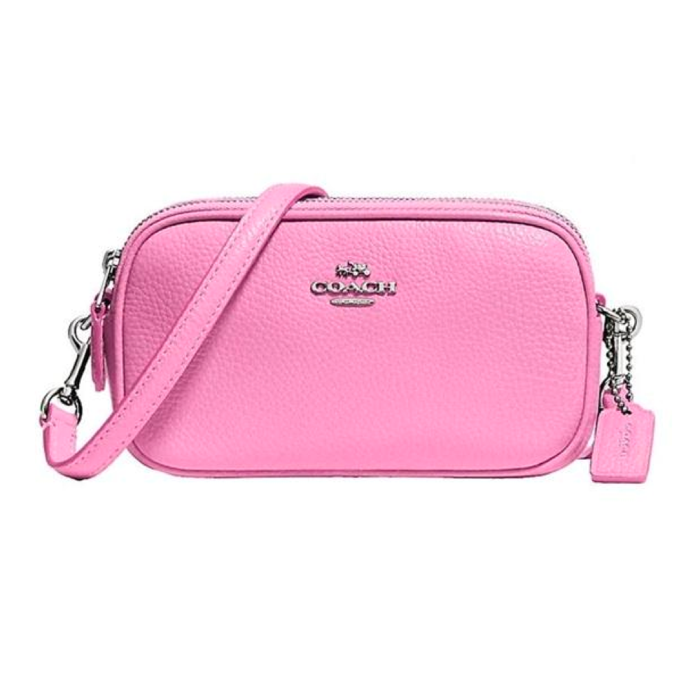 Coach Crossbody Pouch In Pebble Leather Pink Double Zipper 53034