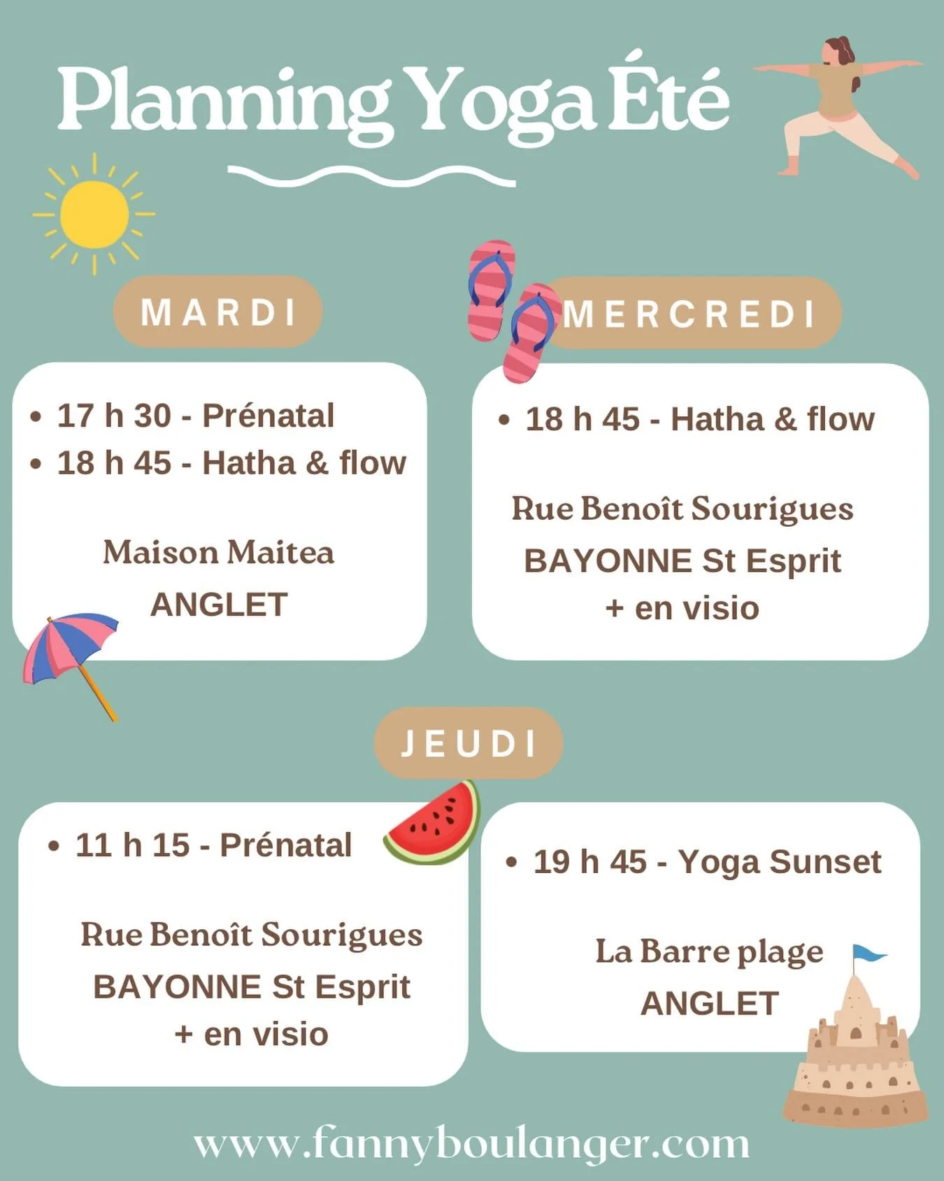 Planning d&rsquo;&eacute;t&eacute; ☀️ all&eacute;g&eacute; en juillet-ao&ucirc;t 🪶 

Il est d&eacute;j&agrave; en ligne sur le site pour r&eacute;servation !

🌊 Une petite exception pour la semaine des f&ecirc;tes de Bayonne, cours &agrave; la plag