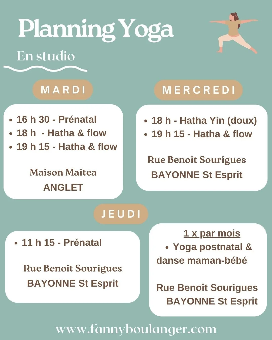 Planning des cours de yoga en studio à Bayonne et Anglet