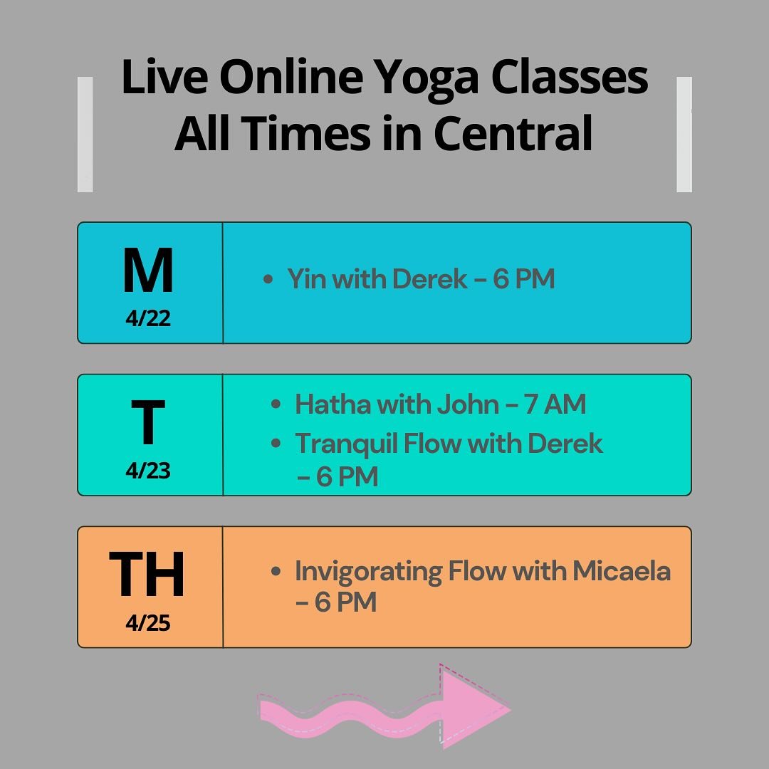 Join us for yoga this week! 

All times in Central

Monday:
6 - 6:45 PM: Yin with Derek

Tuesday:
7 - 7:45 AM Hatha with John 
6 - 6:45 PM Tranquil Flow with Derek

Thursday:
6 - 6:45 PM Active Flow with Micaela

Friday:
10:30 AM - 11 AM Gentle Stren