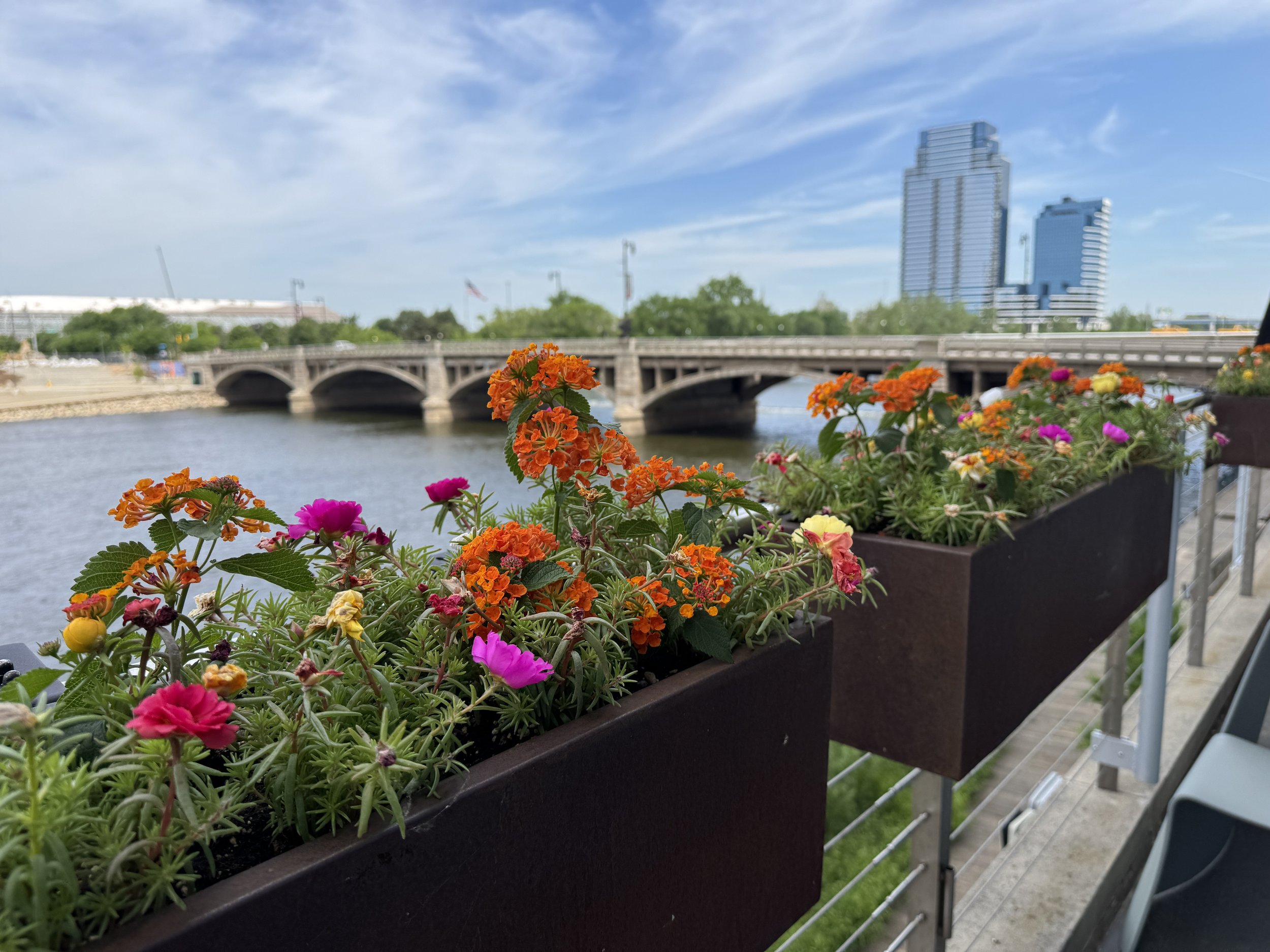 Colorful lantana and portulaca planters along a Grand Rapids riverfront railing.