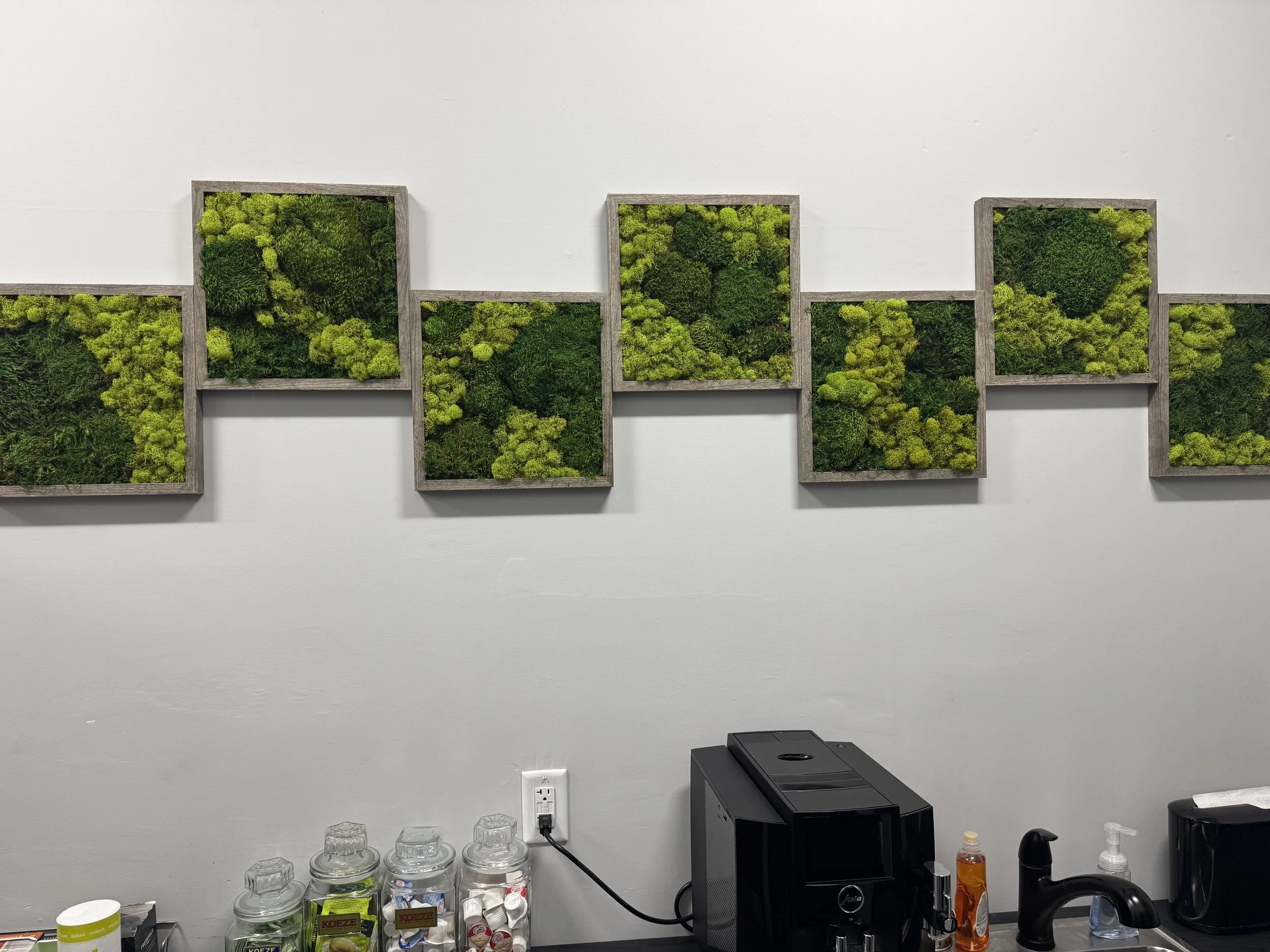 Several moss panels on a wall in a break room.