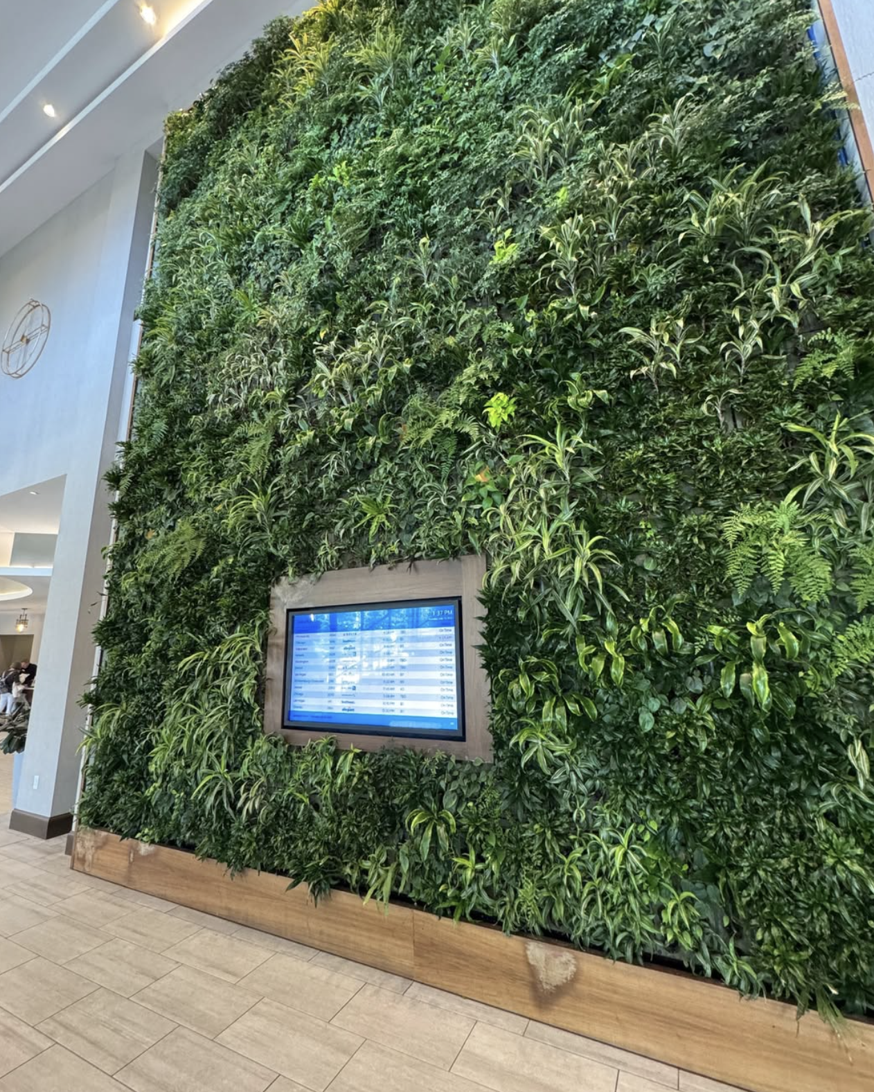 Large living wall surrounding a mounted screen in a lobby.