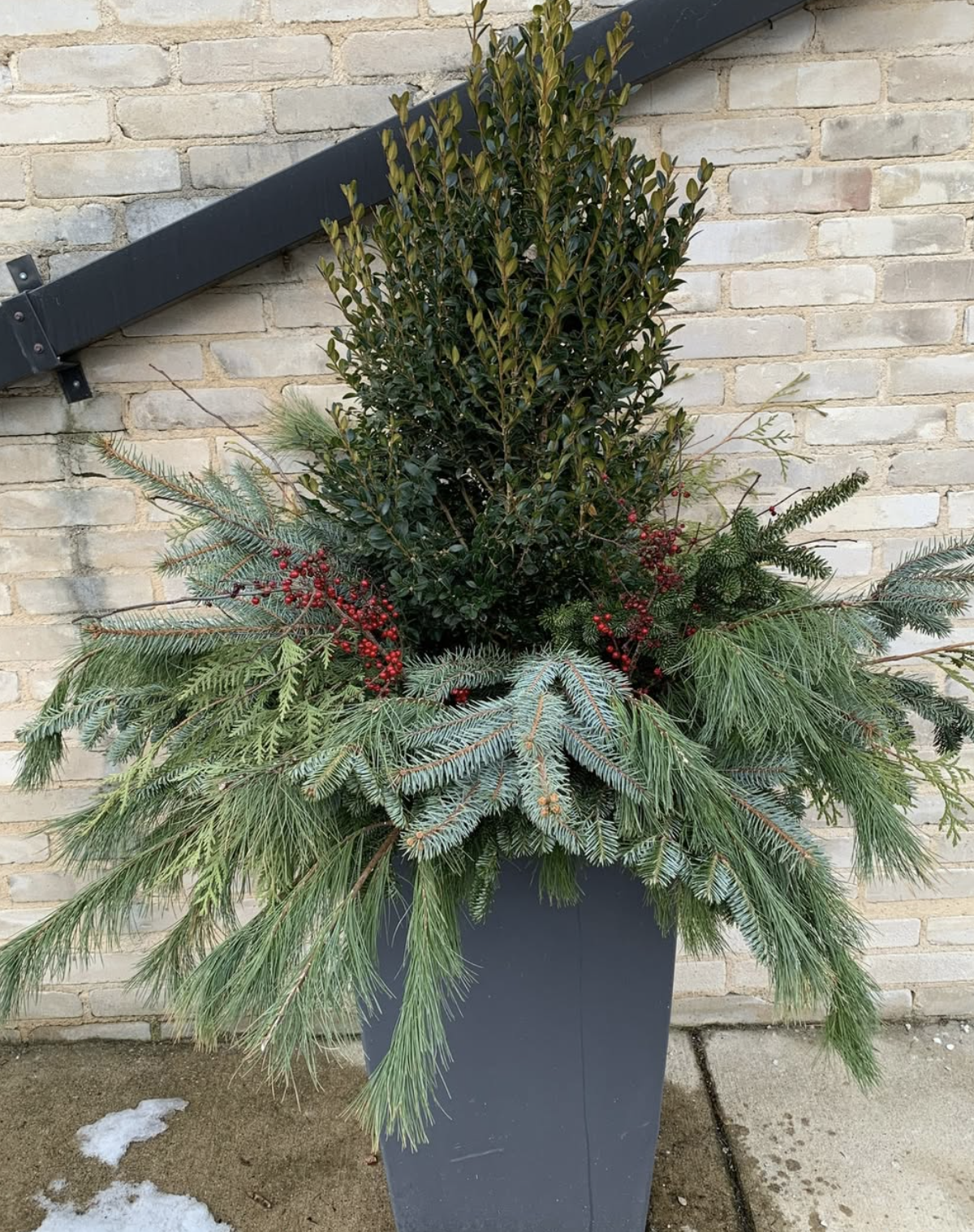 Winter evergreen urn with boxwood, pine, and red winterberry outside a commercial entrance.