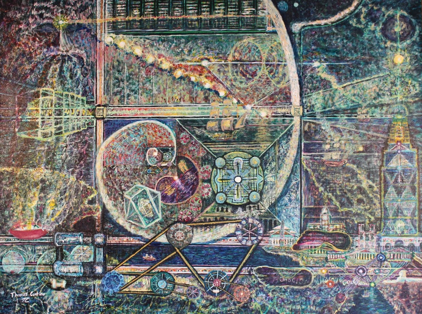 a swirling Fibonacci spiral with architecture and machines 