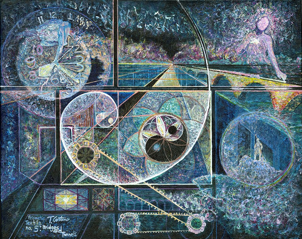 a geometric painting with symbolic elements and surrealist linear perspective in colors blue, purple, and orange